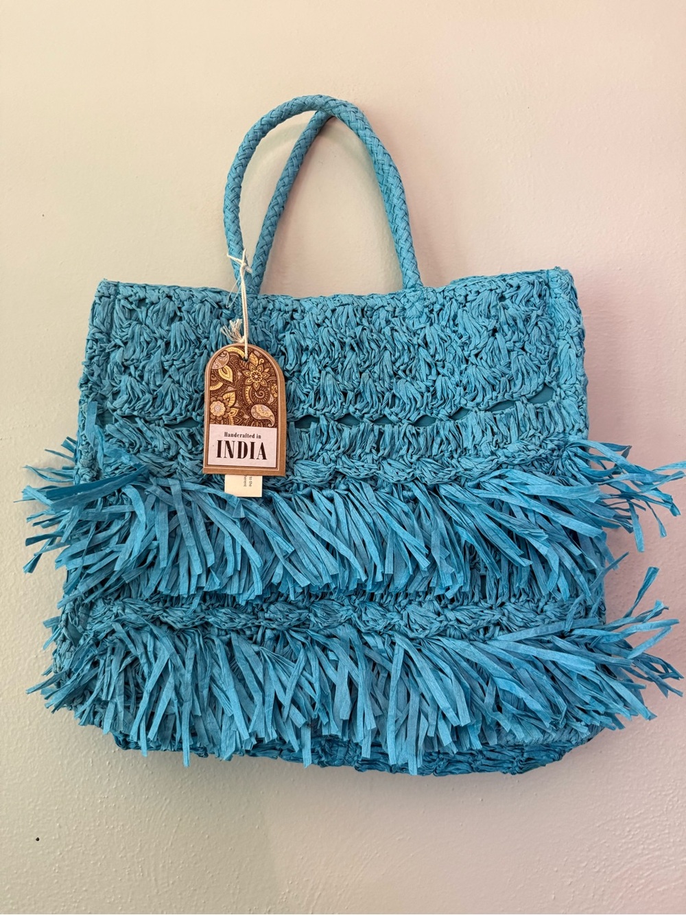 Handcrafted in India Blue Woven Fringe Tote Bag